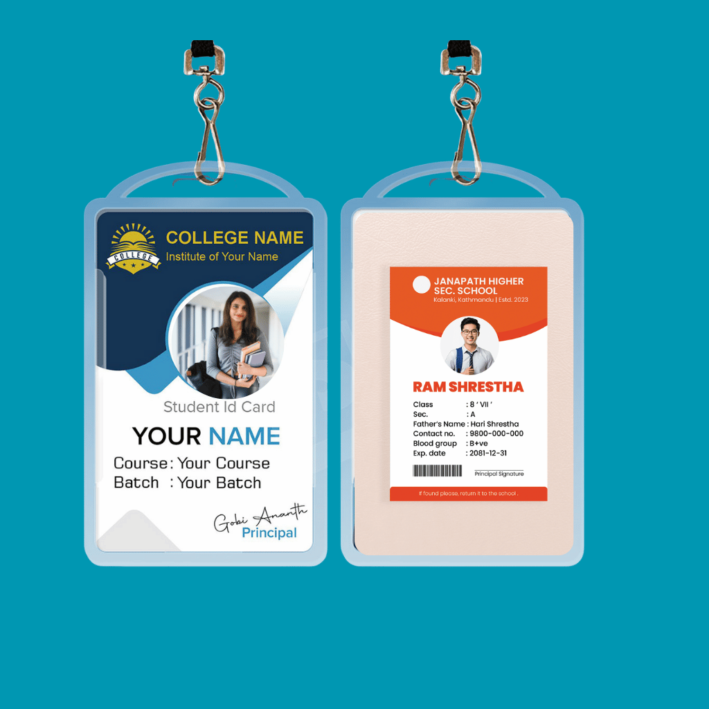 Customized College ID Card with student photo, roll number, course, and college logo for identity and safety.